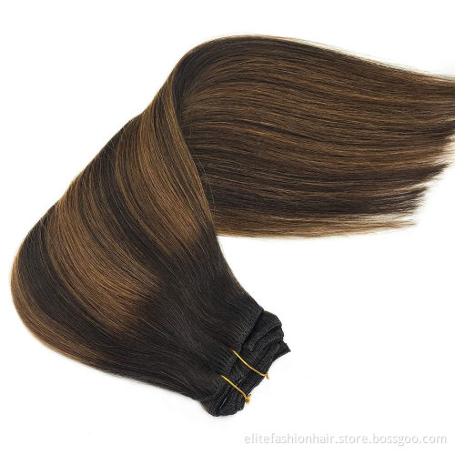 Clip in Human Hair Extensions, 18 Inch 120g 7pcs Dark Brown to Chestnut Brown Balayage Hair Extensions Clip In Human Hair